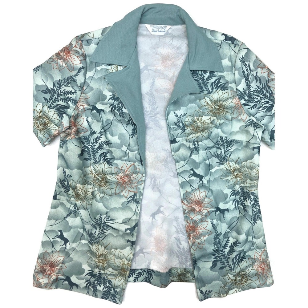Vintage Sears Fashions Shirt Womens Size Blue Floral Horse Print Top